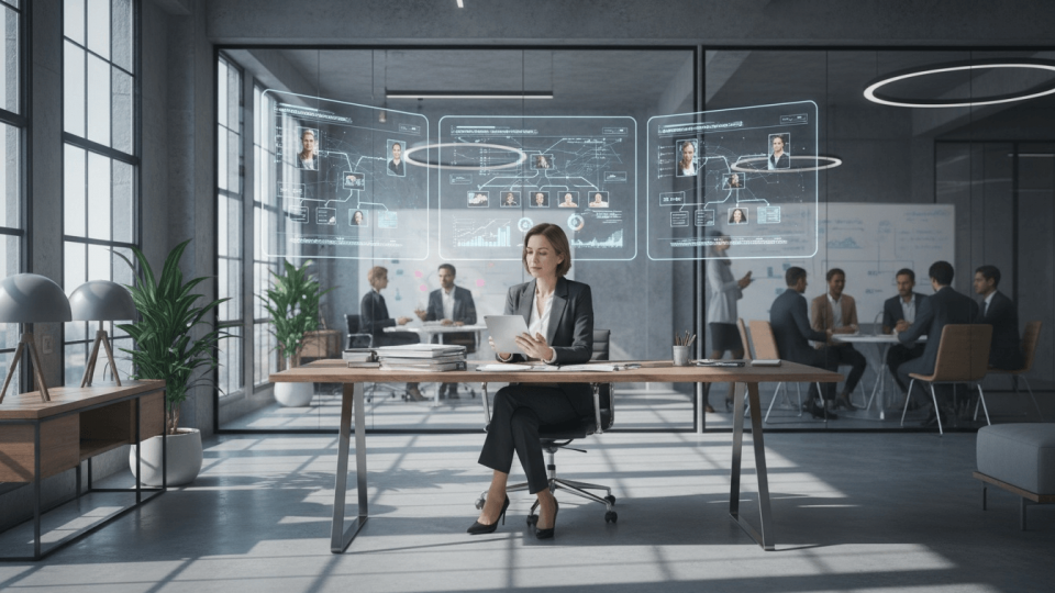 Affärskvinna i kostym arbetar vid ett skrivbord i ett modernt kontor, med digitala skärmar som visar organisationsstrukturer och dataanalys – symboliserar hur interimchefer snabbt etablerar sig i nya organisationer genom att ta till sig information och fatta strategiska beslut.