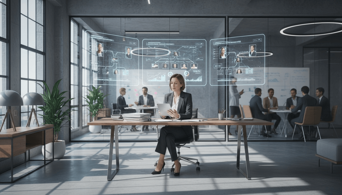 Affärskvinna i kostym arbetar vid ett skrivbord i ett modernt kontor, med digitala skärmar som visar organisationsstrukturer och dataanalys – symboliserar hur interimchefer snabbt etablerar sig i nya organisationer genom att ta till sig information och fatta strategiska beslut.