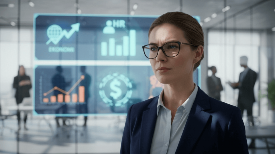 Närbild på en interimchef i kostym som analyserar digitala visualiseringar inom ekonomi, HR och lön – symboliserar hur interimchefer snabbt sätter sig in i kritiska verksamhetsområden för att skapa resultat i nya organisationer.