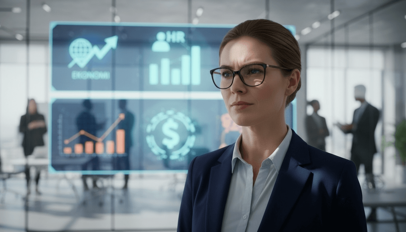 Närbild på en interimchef i kostym som analyserar digitala visualiseringar inom ekonomi, HR och lön – symboliserar hur interimchefer snabbt sätter sig in i kritiska verksamhetsområden för att skapa resultat i nya organisationer.