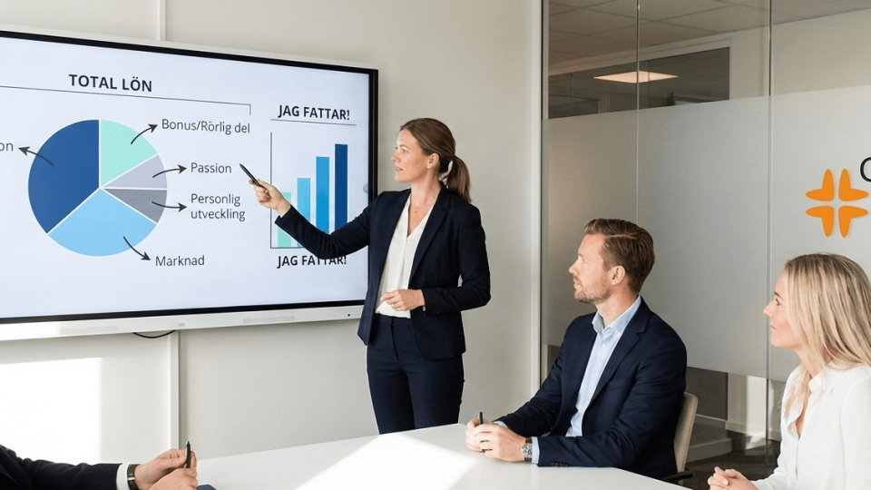 Lönekonsult visar diagram över total lön för att förklara komplex lön på ett enkelt sätt för kollegor.