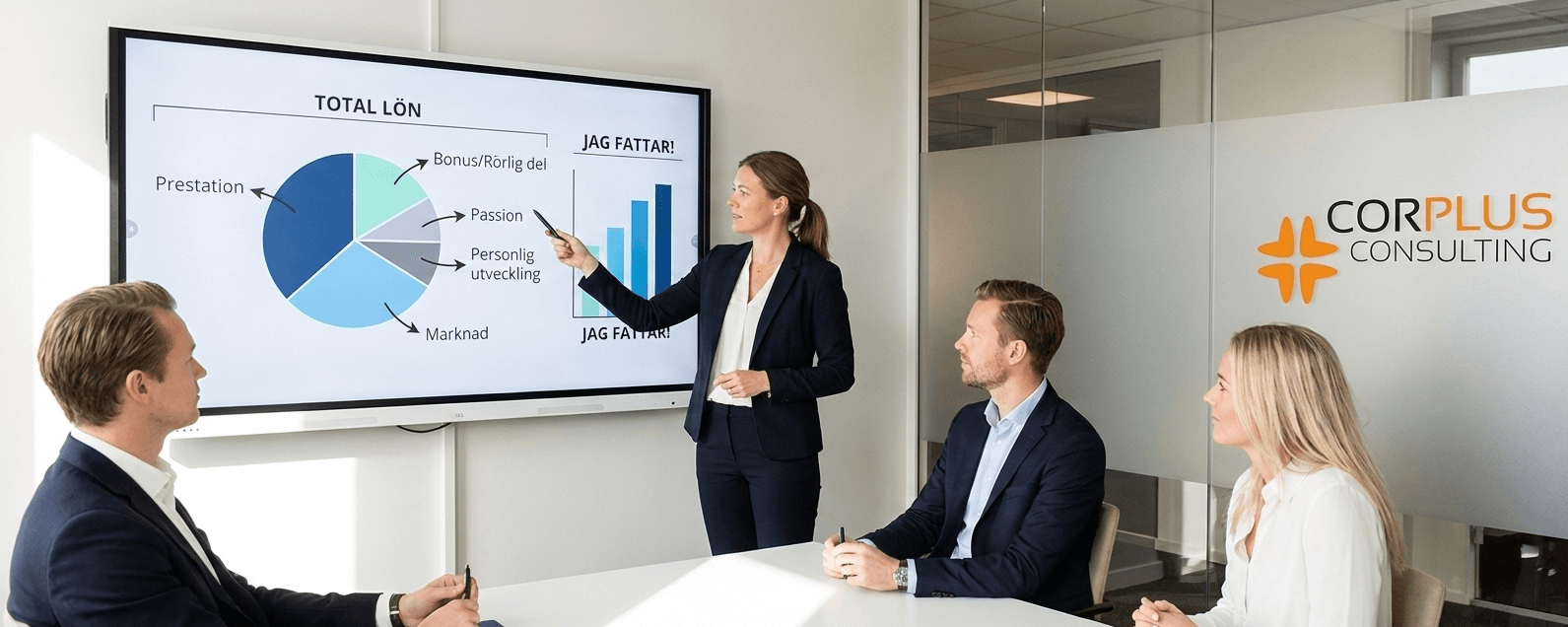 Lönekonsult visar diagram över total lön för att förklara komplex lön på ett enkelt sätt för kollegor.