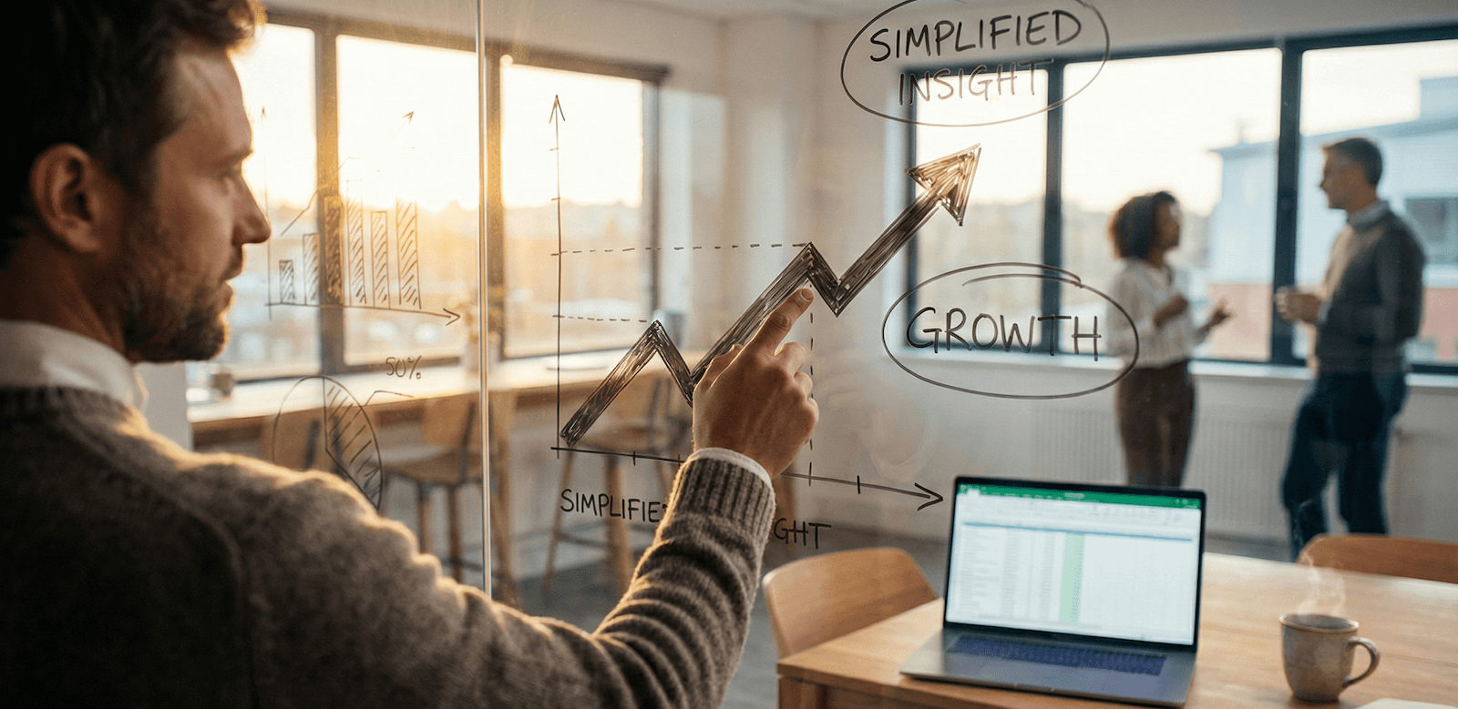 Payroll Business Partner analyserar strategisk tillväxt och data på en glastavla i ett kontorslandskap