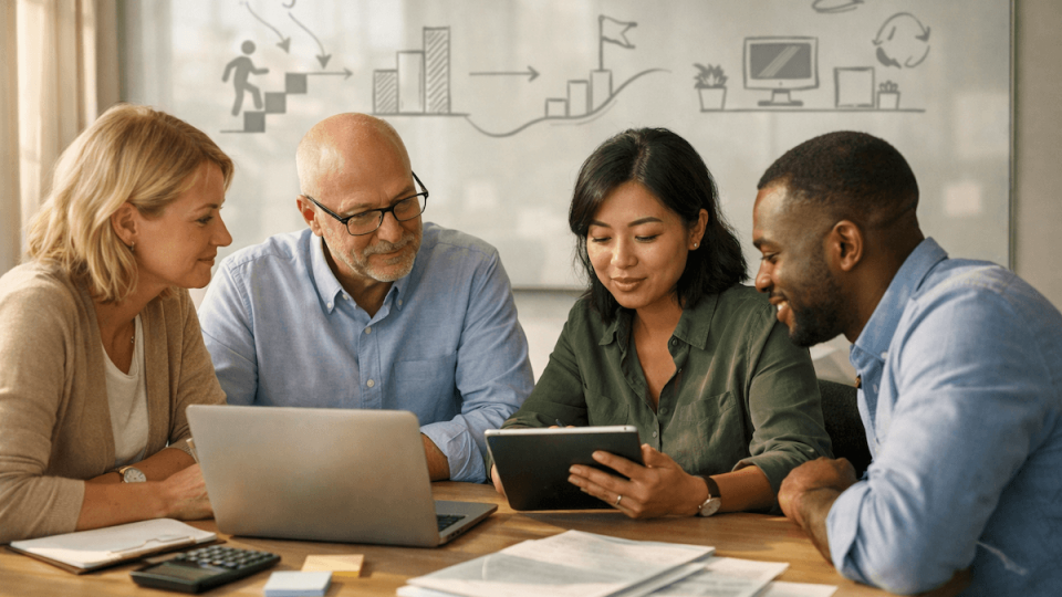 HR- och löneproffs samarbetar i ett ljust skandinaviskt kontor kring moderna verktyg, med fokus på struktur, utveckling och att attrahera och behålla lönekompetens.