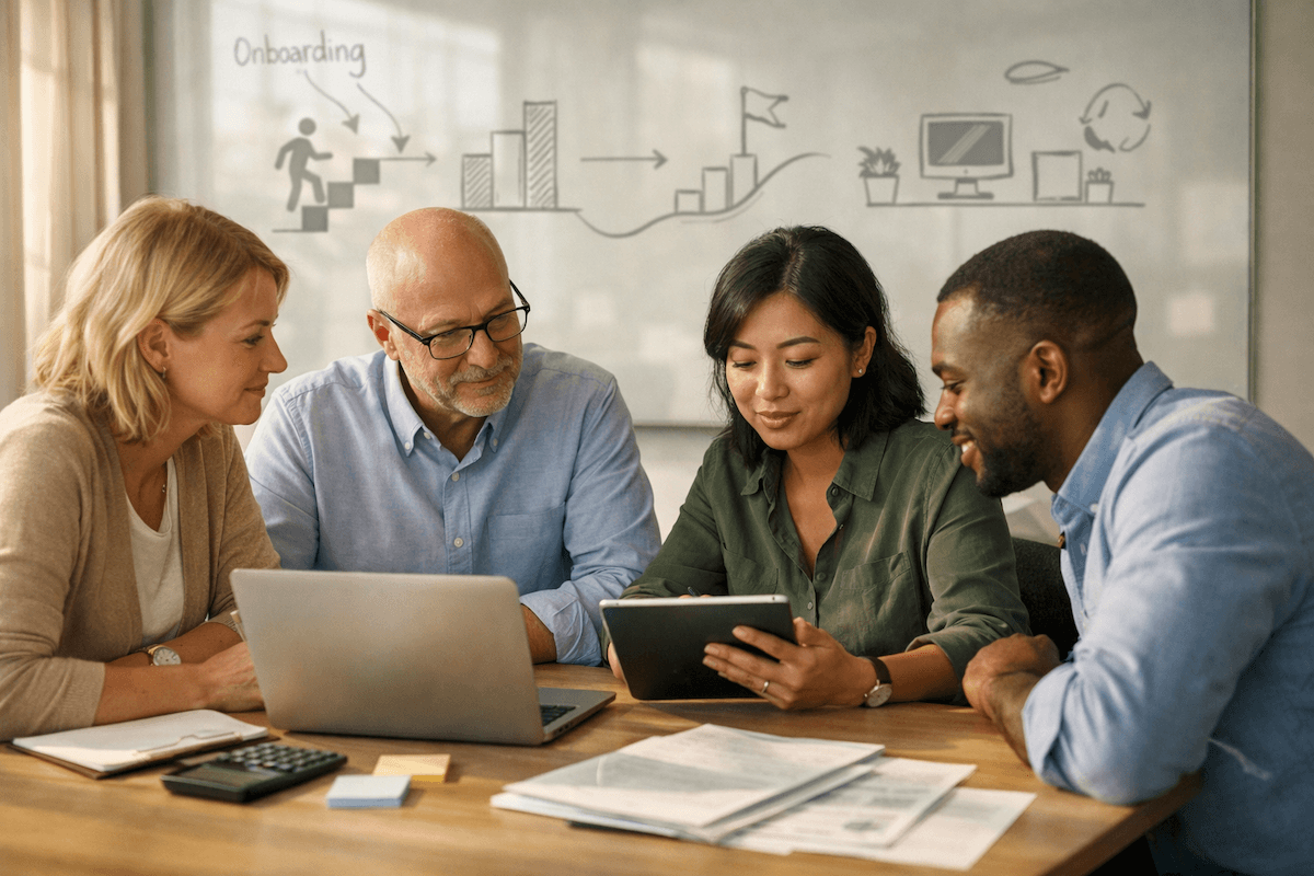 HR- och löneproffs samarbetar i ett ljust skandinaviskt kontor kring moderna verktyg, med fokus på struktur, utveckling och att attrahera och behålla lönekompetens.