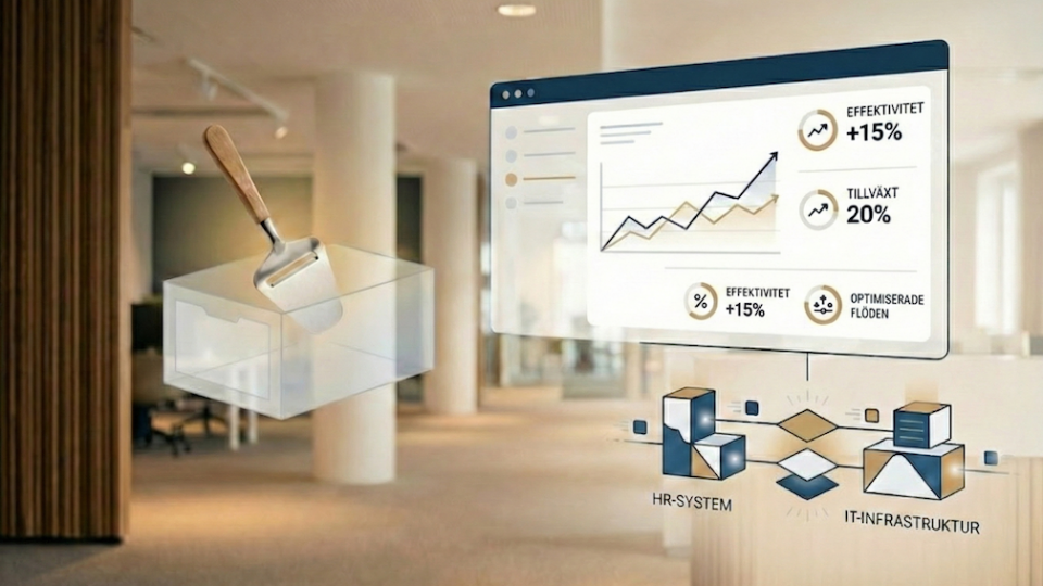 Kostnadsdisciplin 2026: Dashboard visar effektivitetsökning genom strategisk processoptimering av HR-system och IT-infrastruktur, medan osthyvel symboliserar föråldrade sparmetoder