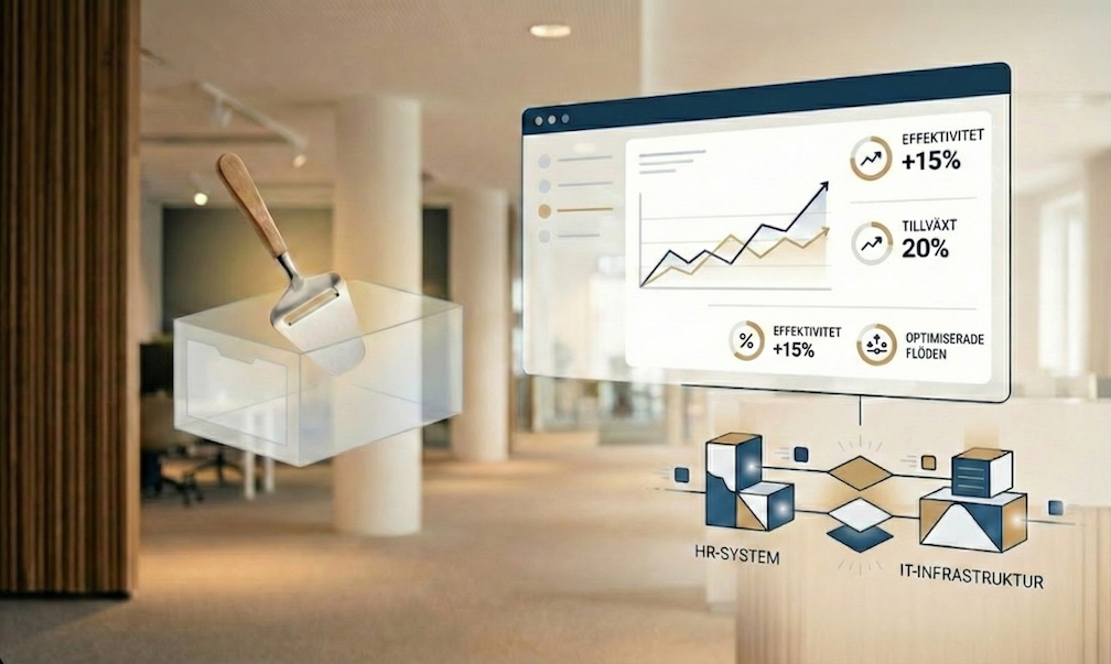 Kostnadsdisciplin 2026: Dashboard visar effektivitetsökning genom strategisk processoptimering av HR-system och IT-infrastruktur, medan osthyvel symboliserar föråldrade sparmetoder