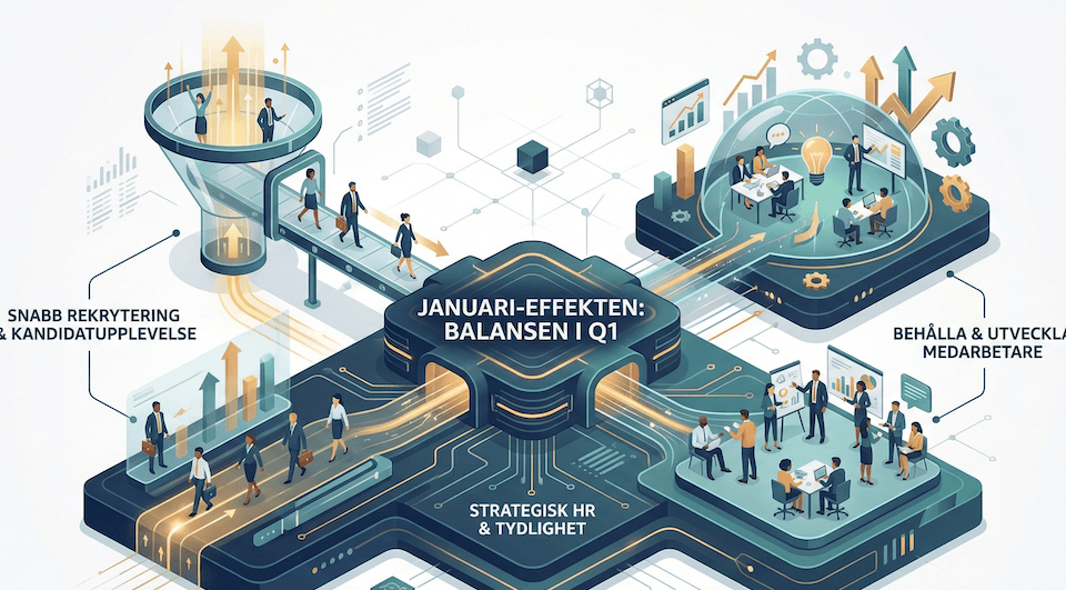 Isometrisk infografik om ”Januari-effekten: Balansen i Q1” med flöden mellan snabb rekrytering och kandidatupplevelse, strategisk HR och tydlighet samt att behålla och utveckla medarbetare, illustrerat med personer, diagram, kugghjul och pilar.