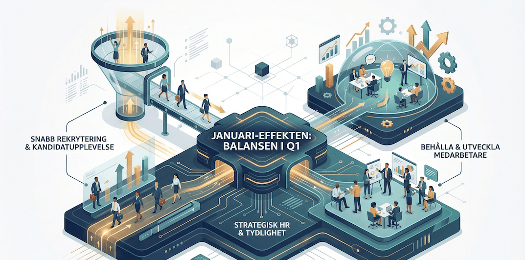 Isometrisk infografik om ”Januari-effekten: Balansen i Q1” med flöden mellan snabb rekrytering och kandidatupplevelse, strategisk HR och tydlighet samt att behålla och utveckla medarbetare, illustrerat med personer, diagram, kugghjul och pilar.