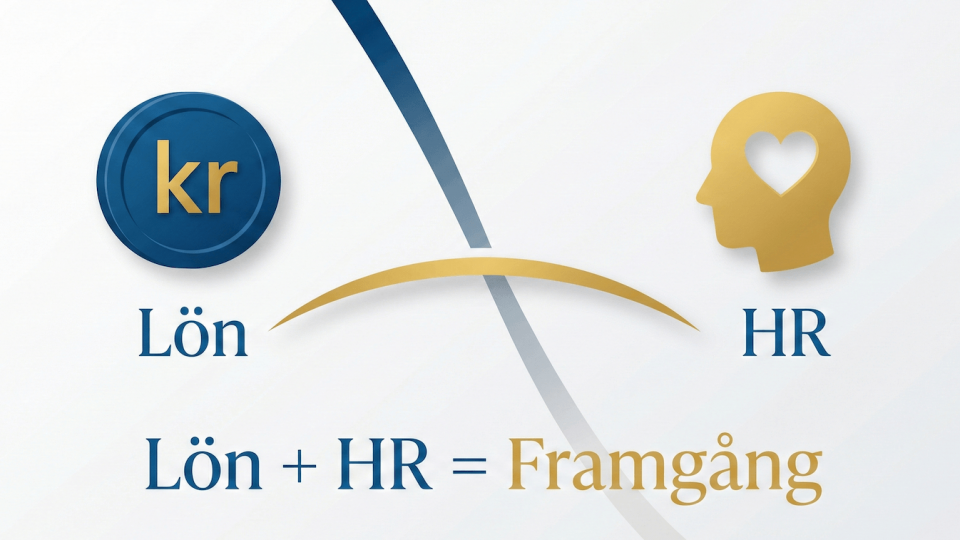 Illustration som visar sambandet mellan Lön och HR med texten 'Lön + HR = Framgång'.