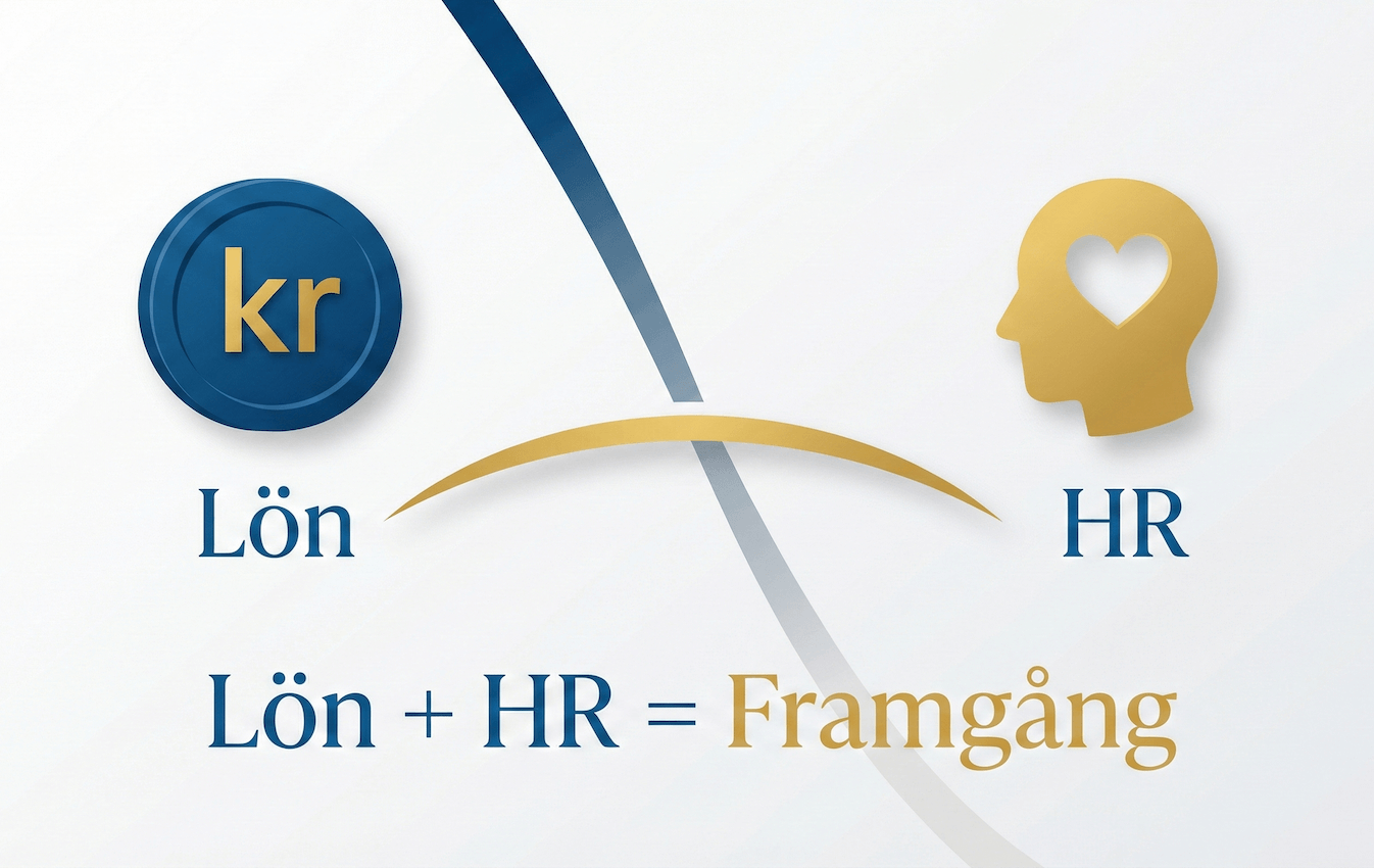 Illustration som visar sambandet mellan Lön och HR med texten 'Lön + HR = Framgång'.