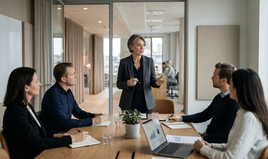Erfaren interim HR-konsult leder ett strategiskt möte med en ledningsgrupp i ett modernt ljust skandinaviskt kontor.