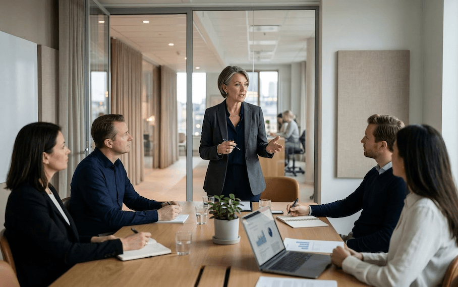 Erfaren interim HR-konsult leder ett strategiskt möte med en ledningsgrupp i ett modernt ljust skandinaviskt kontor.