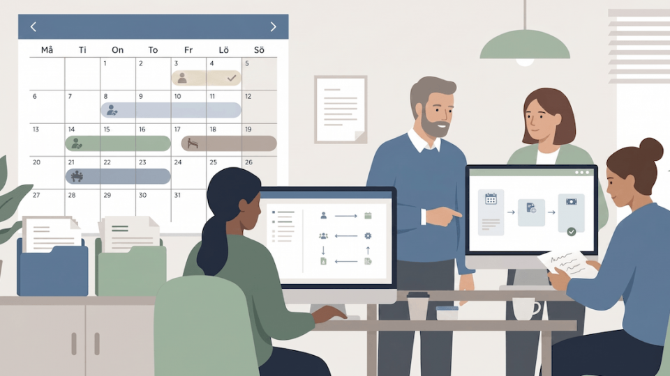 Illustration av föräldraledighet, sjukdom och VAB med fokus på lön, lönehantering, frånvarorapportering, HR och arbetsgivaransvar för företag.