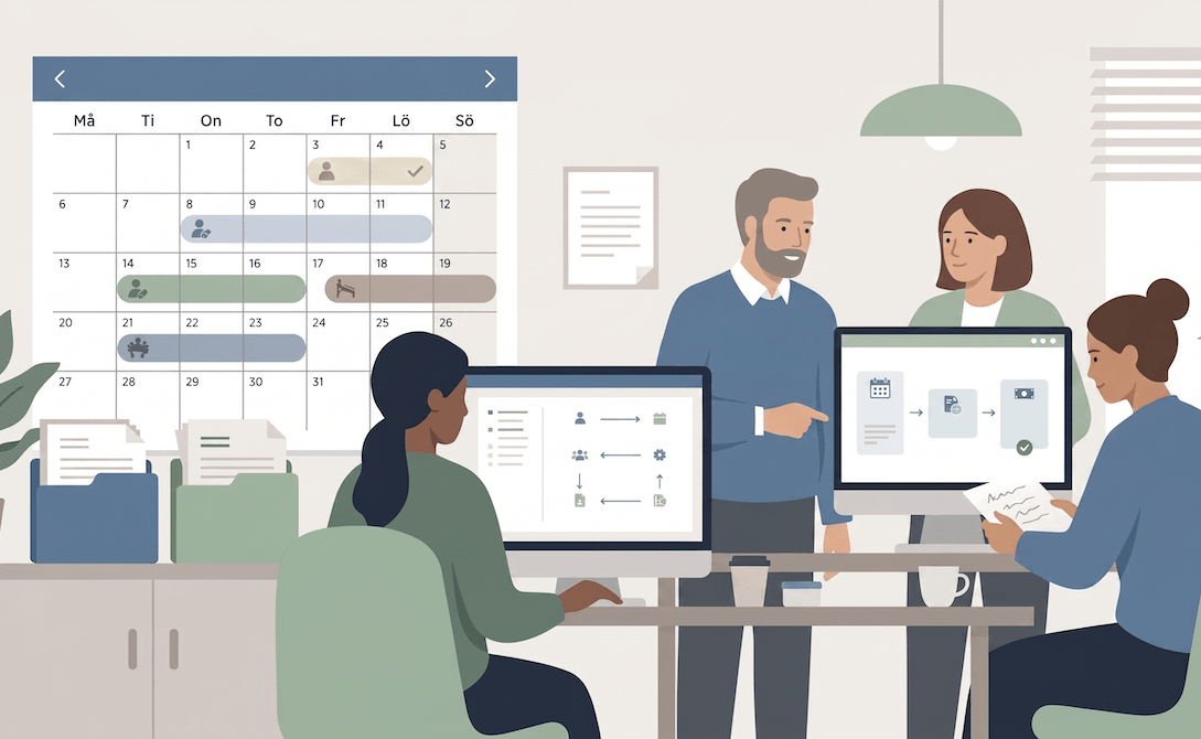 Illustration av föräldraledighet, sjukdom och VAB med fokus på lön, lönehantering, frånvarorapportering, HR och arbetsgivaransvar för företag.