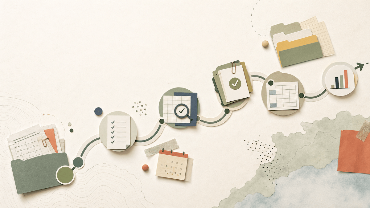 Illustrerad karta över en löneprocess med dokument, checklistor, kalenderblock och kontrollpunkter som visar hur lönearbetet kan struktureras utan nya system.