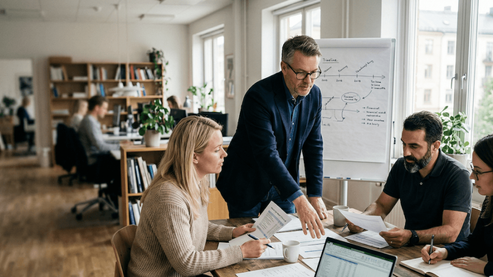 Tillfällig ekonomichef leder möte med ekonomiteam på kontor och går igenom rapporter, prioriteringar och planering under en period av förändring.