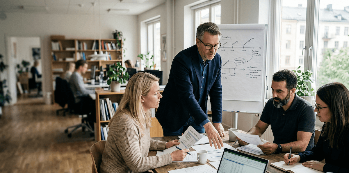 Tillfällig ekonomichef leder möte med ekonomiteam på kontor och går igenom rapporter, prioriteringar och planering under en period av förändring.