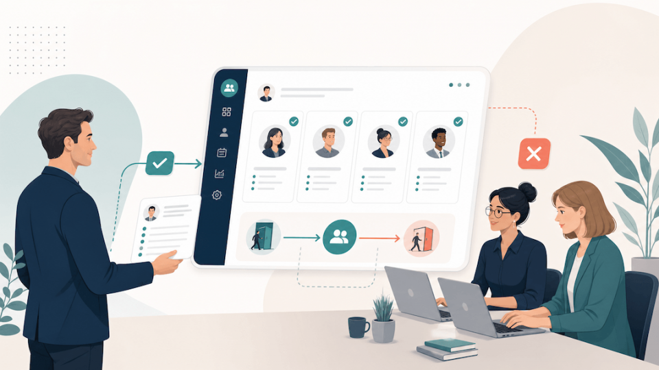 Illustration av chef, HR och löneavdelning som samarbetar kring registrering och avslut av anställda i ett HR-system