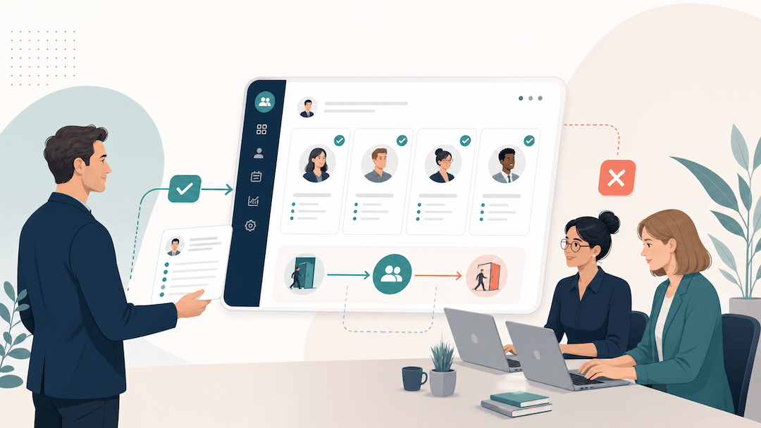 Illustration av chef, HR och löneavdelning som samarbetar kring registrering och avslut av anställda i ett HR-system