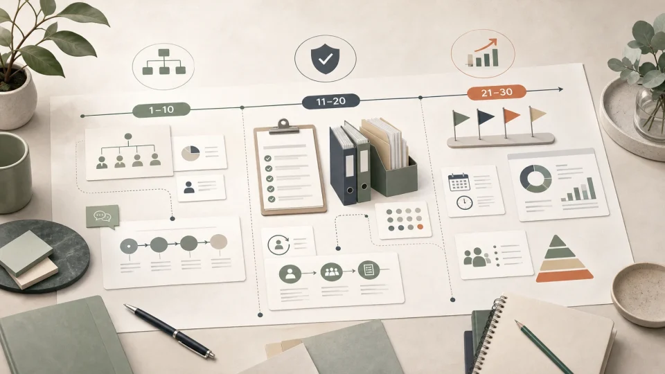 Illustrerad 30-dagars roadmap för interim HR-chef med kalender, checklistor, organisationskort och HR-dashboard som visar de första prioriteringarna.