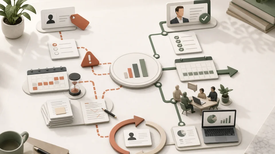 Illustration av ett digitalt HR- och personalhanteringssystem med automatiserade arbetsflöden för rekrytering, onboarding, medarbetardata, dokumenthantering, uppföljning, schemaläggning, rapportering och HR-analys. Bilden visar bland annat kandidatprofiler, checklistor, kalendrar, statistik, varningar, dokument, teammöten och cirkulära processer.