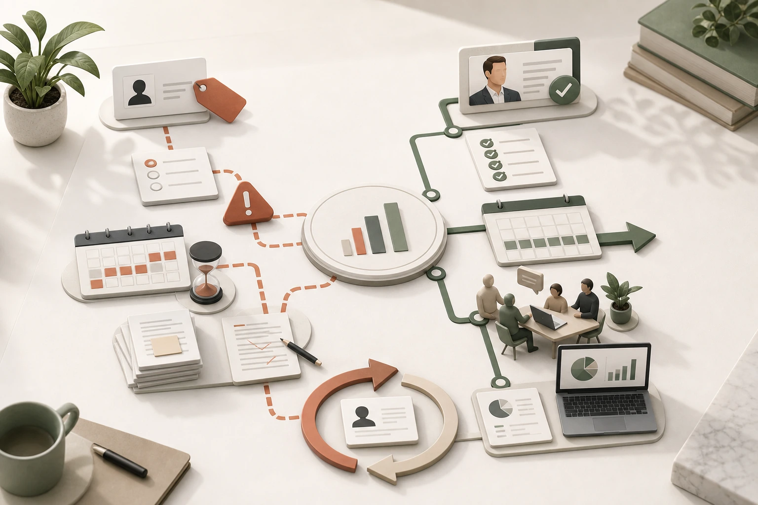 Illustration av ett digitalt HR- och personalhanteringssystem med automatiserade arbetsflöden för rekrytering, onboarding, medarbetardata, dokumenthantering, uppföljning, schemaläggning, rapportering och HR-analys. Bilden visar bland annat kandidatprofiler, checklistor, kalendrar, statistik, varningar, dokument, teammöten och cirkulära processer.